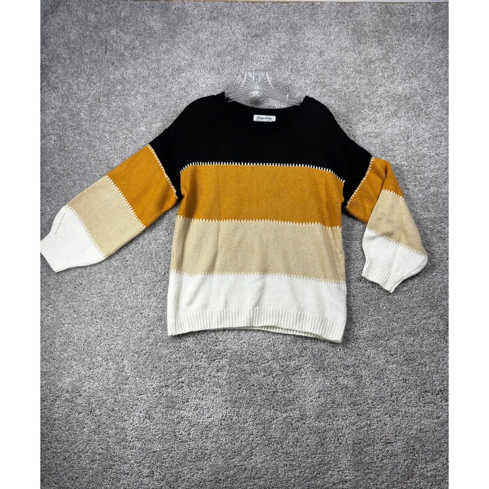 Angashion Womens Small Colorblock Striped Crewneck Sweater Black Mustard Yellow